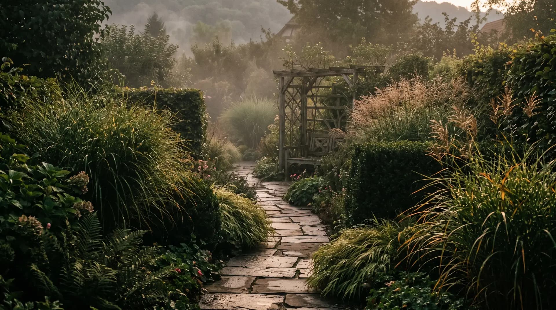 Chemin de dalles serpentant dans un jardin luxuriant au crépuscule, brume et lumière ambrée rasante
