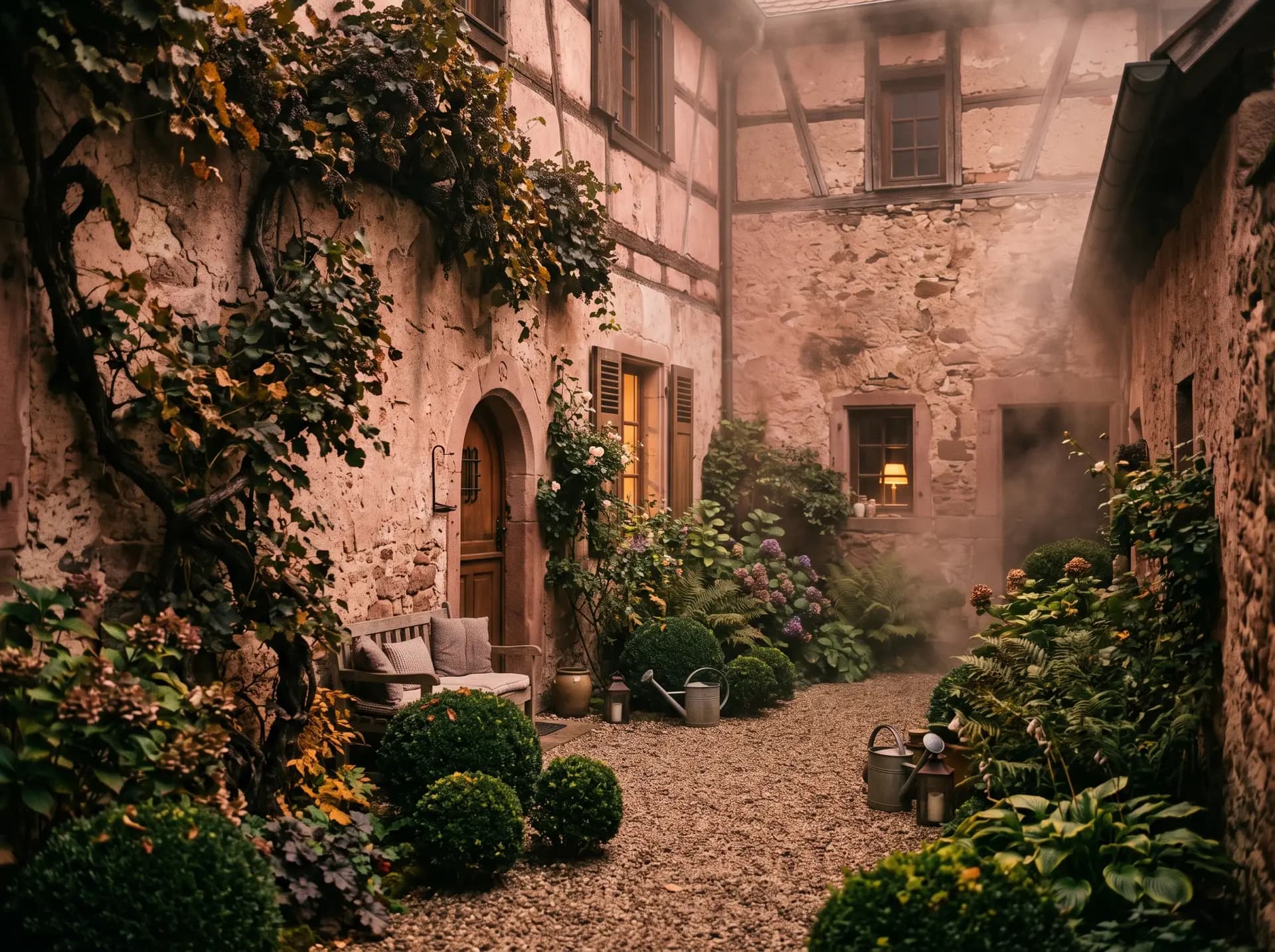 Cour de maison vigneronne au soir, grès rose, topiaires et vigne grimpante