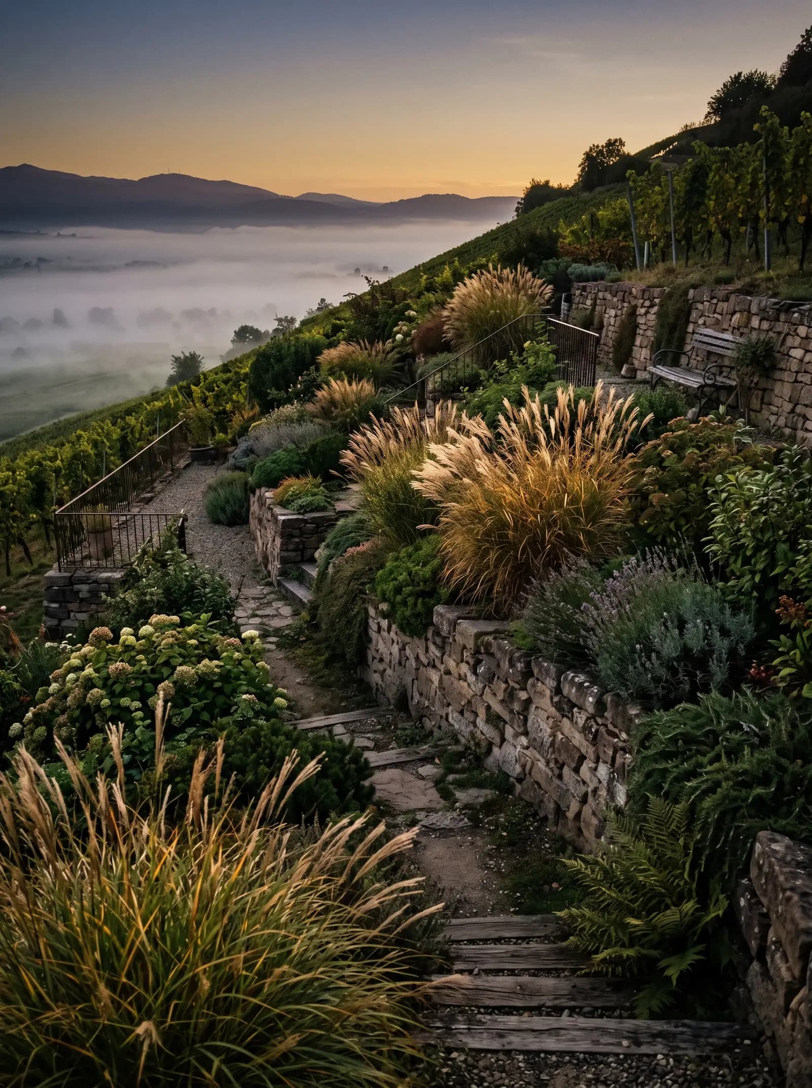 Jardin en terrasses sur un coteau viticole, murs de pierre sèche et graminées à contre-jour