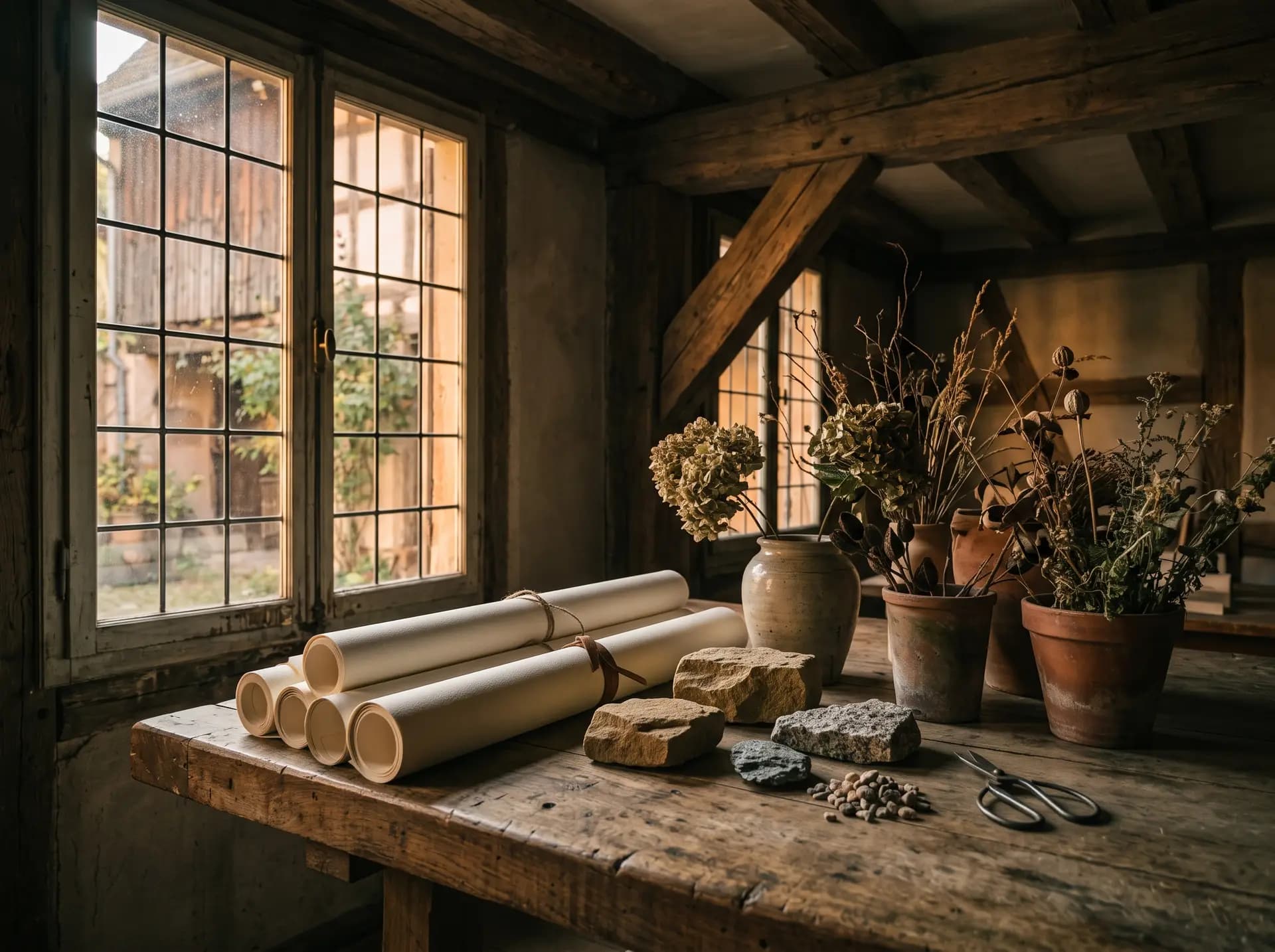 L'atelier : table de chêne, rouleaux de papier, échantillons de pierre et plantes séchées
