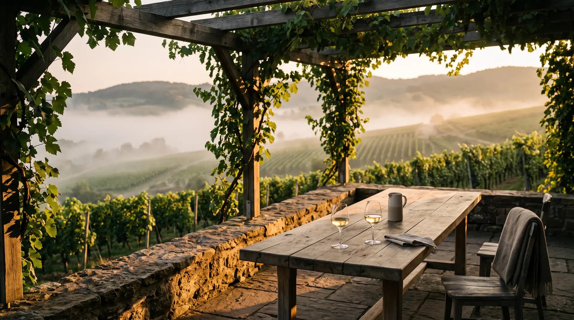 Terrasse de dégustation en pierre surplombant les vignes dans la lumière dorée