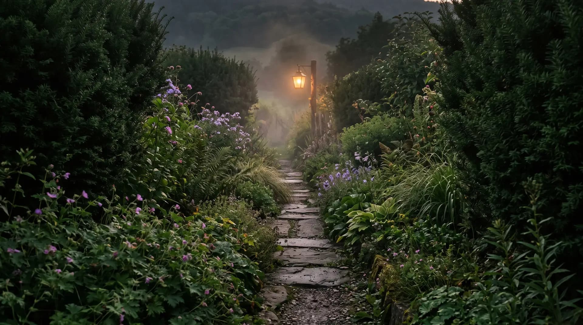 Allée de jardin plongeant vers une lueur ambrée entre des massifs sombres