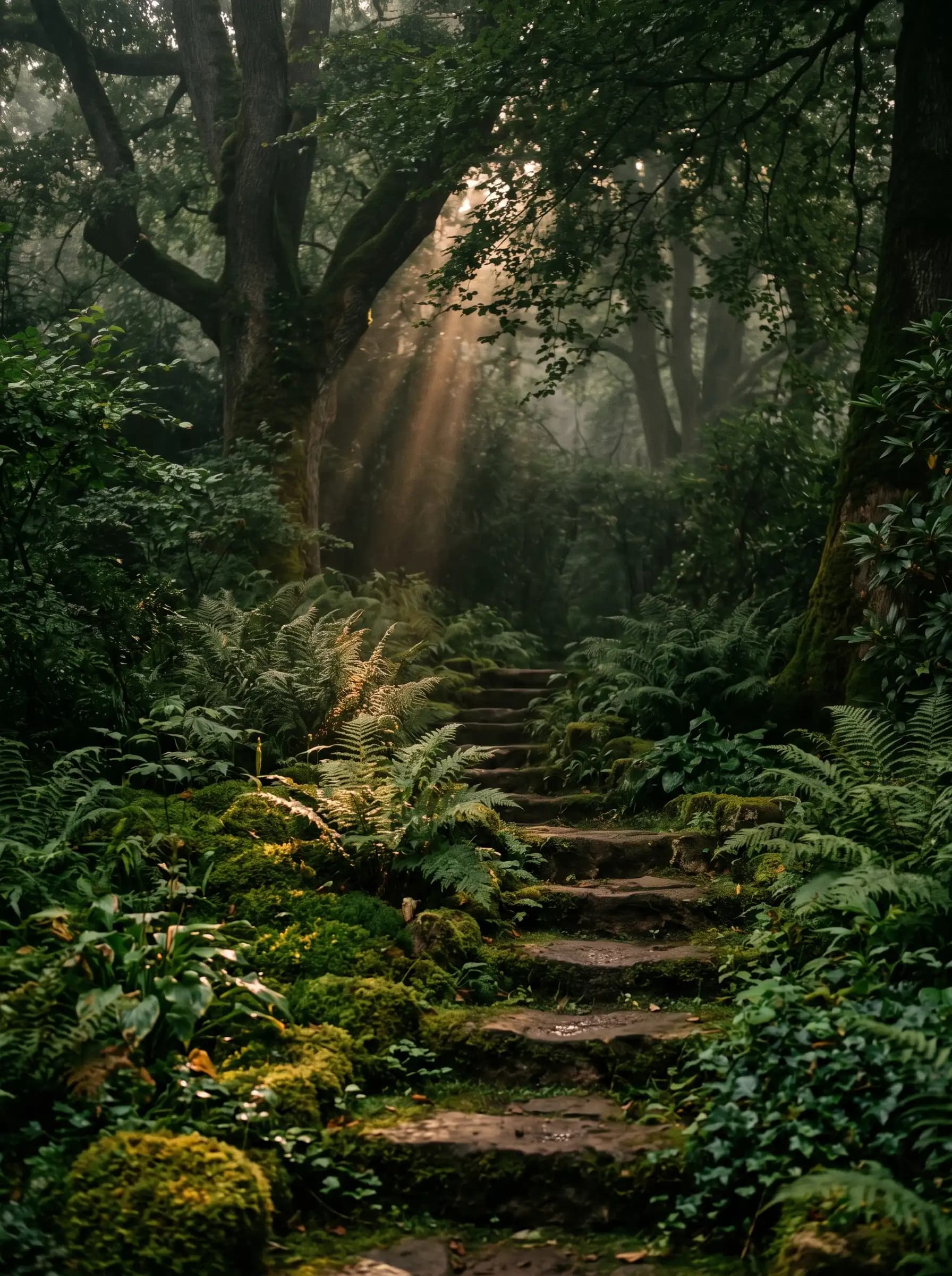 Jardin de sous-bois, marches de pierre s'enfonçant dans les fougères et la mousse