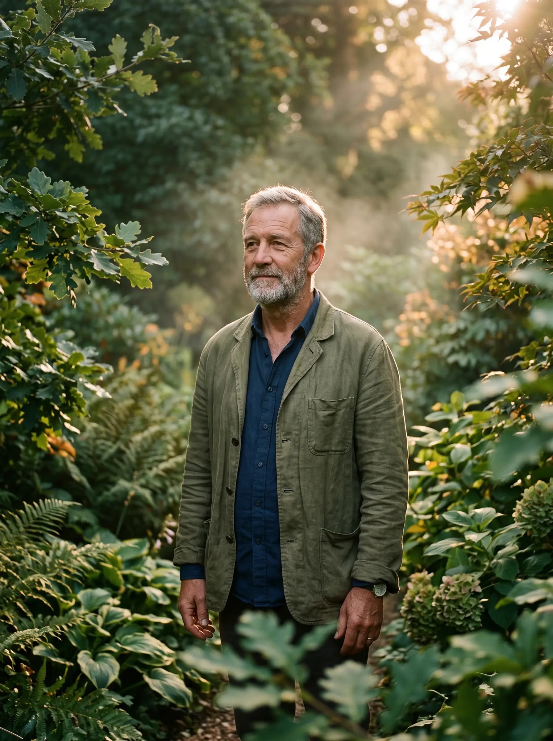 Portrait du fondateur de l'atelier, veste de lin, dans un feuillage doré de fin de journée