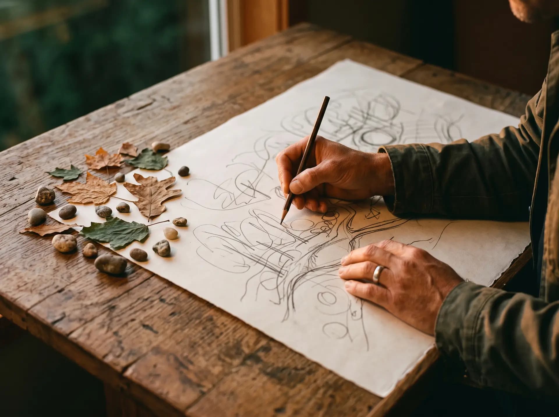 Mains dessinant un plan de jardin au crayon sur une table de chêne, feuilles et galets posés à côté