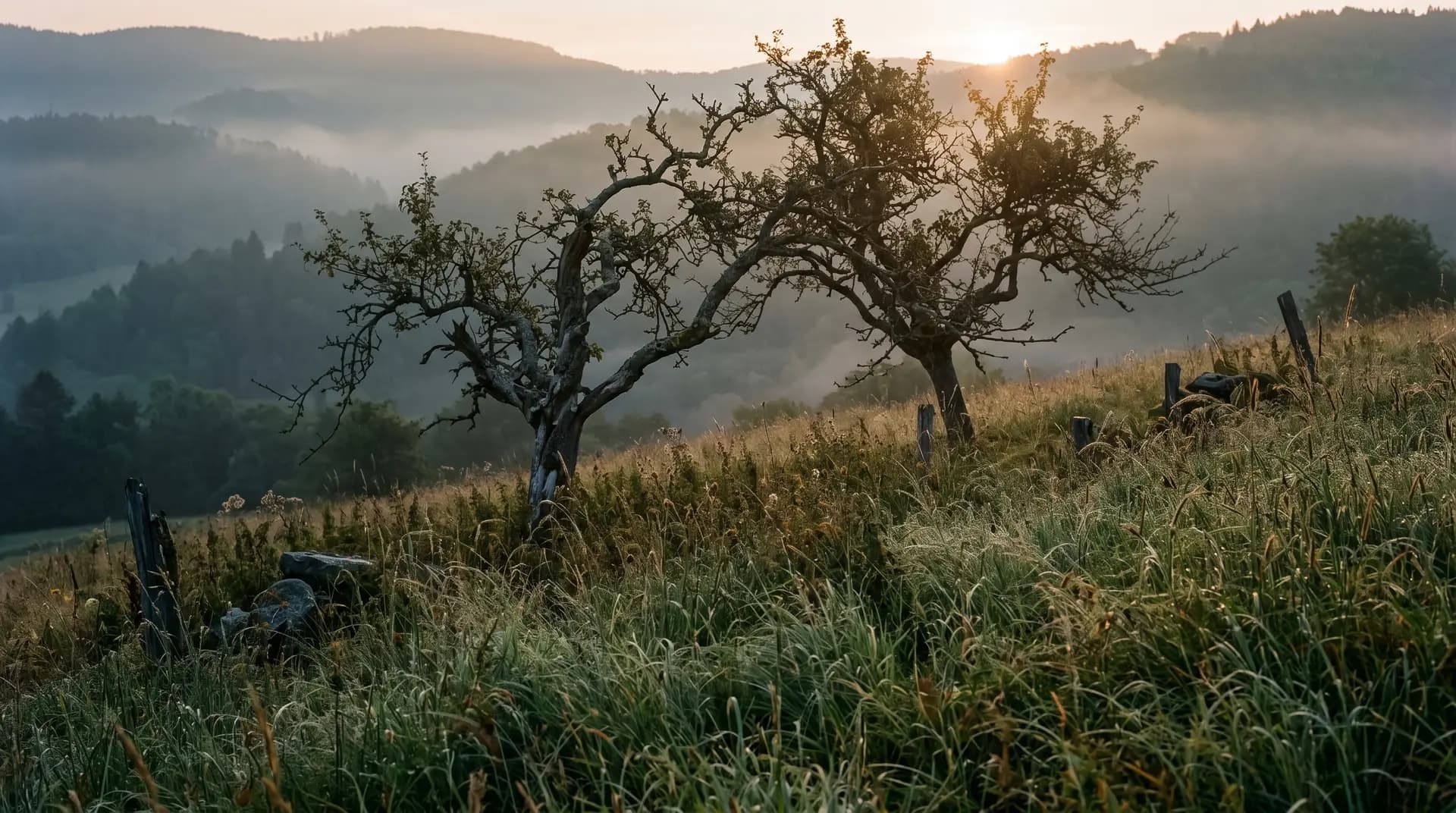 Prairie en pente au petit matin, vieux arbres fruitiers et collines dans la brume