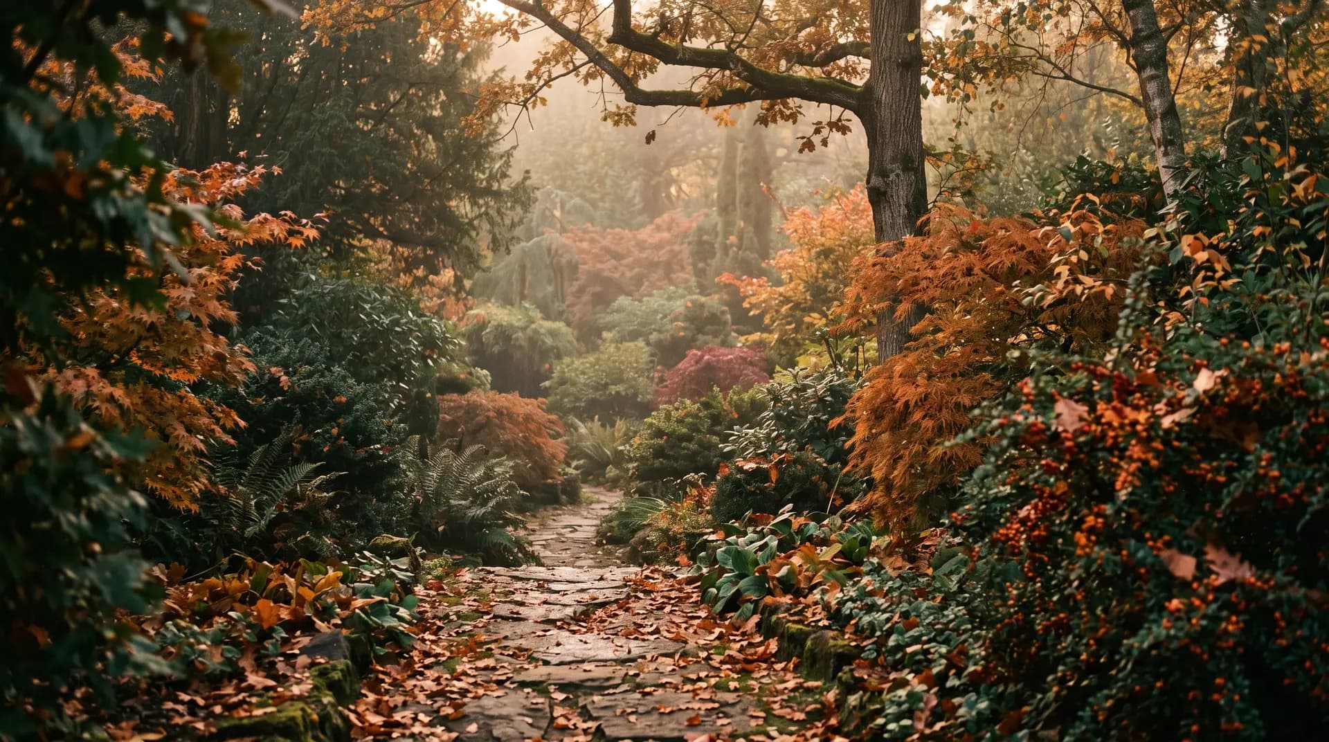 Jardin mûr en automne, cuivres et verts profonds dans la lumière rasante