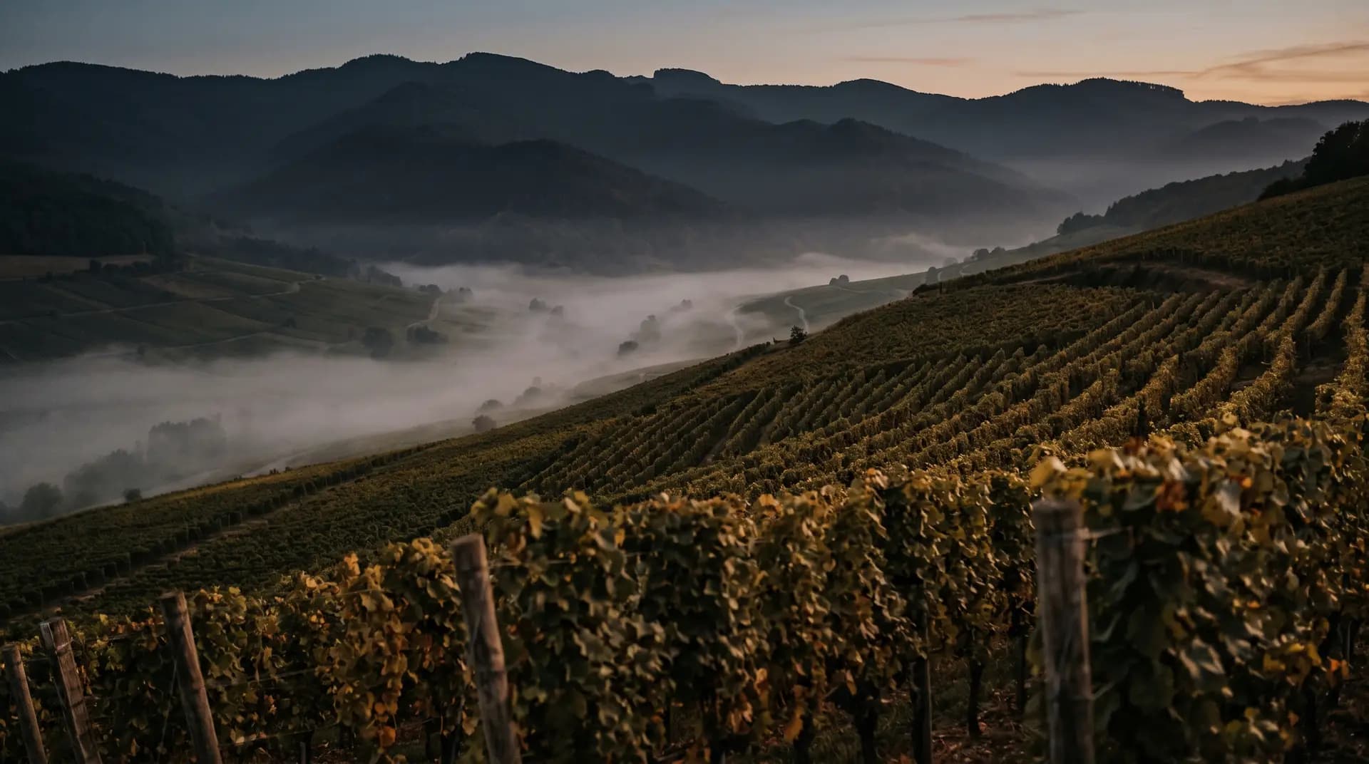 Coteaux de vignes du piémont vosgien au crépuscule, vallée noyée de brume