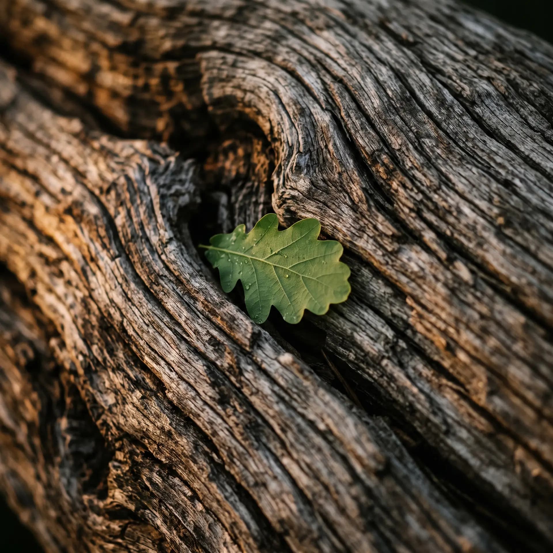 Gros plan de chêne brut patiné, une feuille verte posée sur le bois