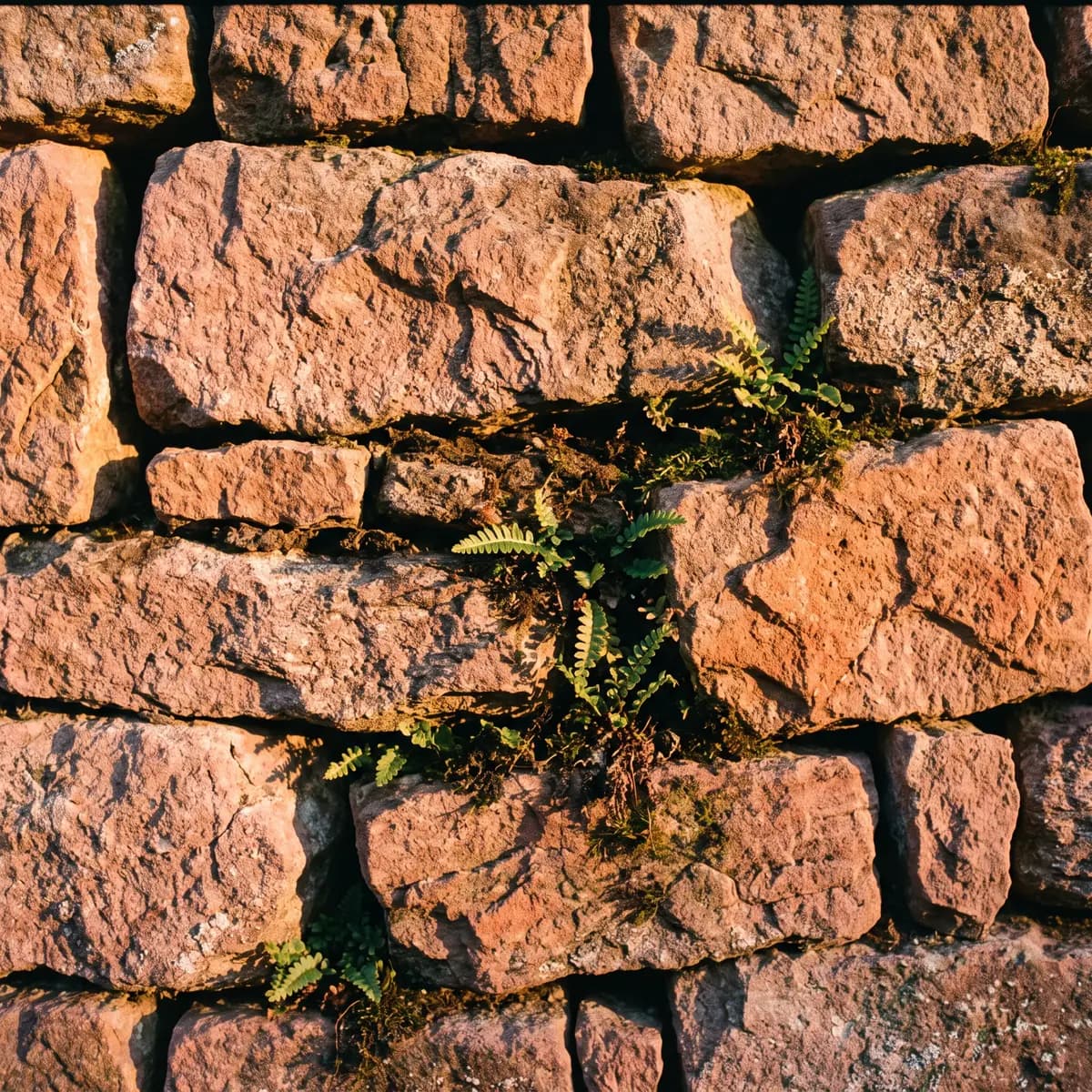 Gros plan d'un mur de grès rose monté à sec, fougères dans les joints